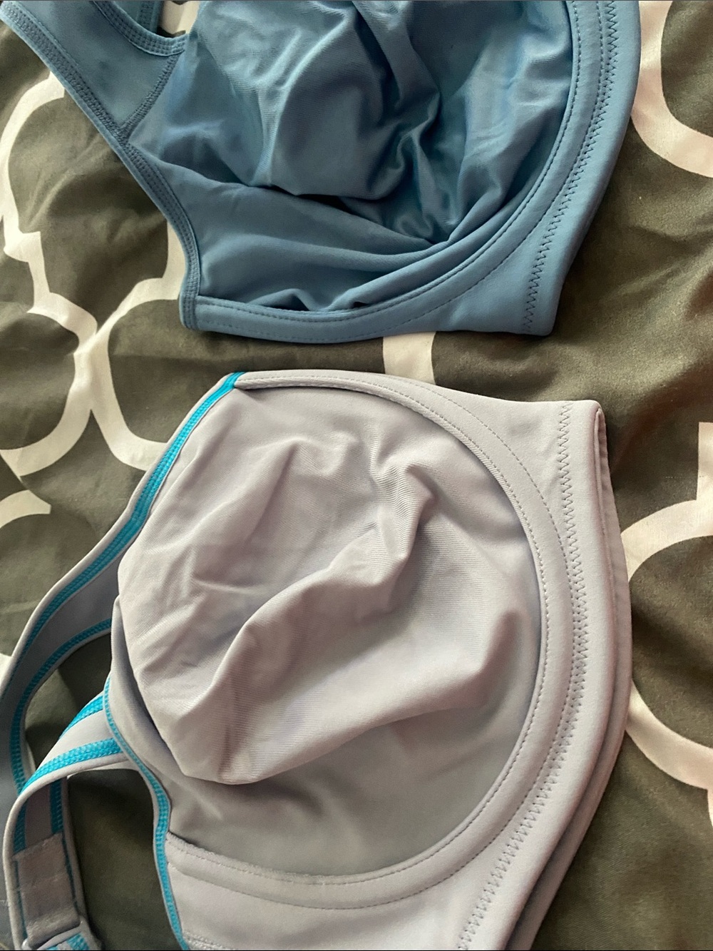 TWO Wacoal Sports Bras: Light Gray with Teal Trim and Gray-Blue. Both brand new!